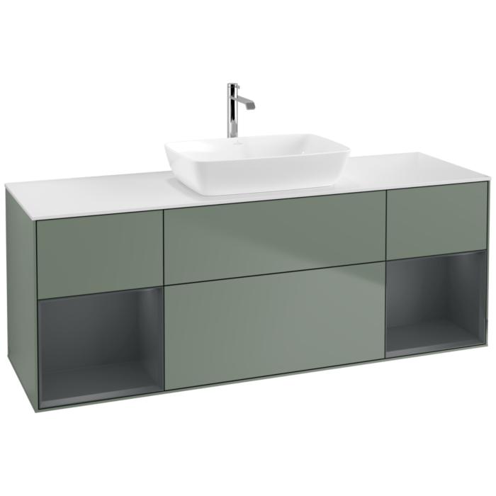 Villeroy Und Boch Finion Waschtischunterschrank F861HGGM 160Cm, Abdeckplatte White Matt, Regale Midnight Matt Lacquer, Olive Matt Lacquer