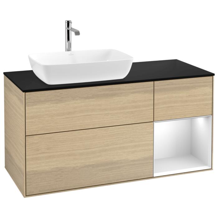Villeroy Und Boch Finion Waschtischunterschrank G812MTPC 120Cm, Abdeckplatte Black Matt, Emotion, Regale White Matt Lacquer, Oak Veneer