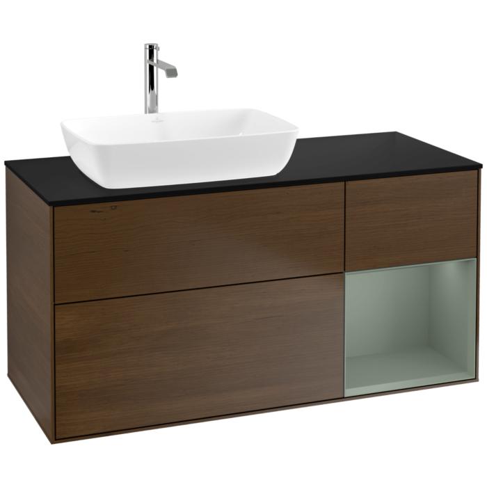 Villeroy Und Boch Finion Waschtischunterschrank F812GMGN 120Cm, Abdeckplatte Black Matt, Regale Olive Matt Lacquer, Walnut Veneer