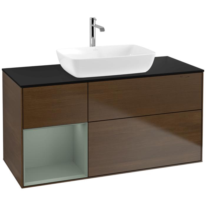 Villeroy Und Boch Finion Waschtischunterschrank F822GMGN 120Cm, Abdeckplatte Black Matt, Regale Olive Matt Lacquer, Walnut Veneer