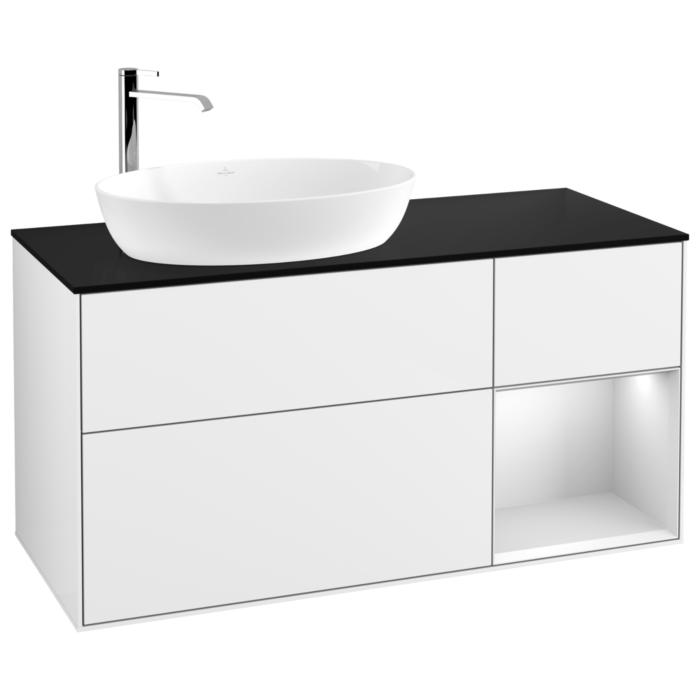 Villeroy Und Boch Finion Waschtischunterschrank G932MTGF 120Cm, Abdeckplatte Black Matt, Emotion, Regale White Matt Lacquer, Glossy White Lacquer