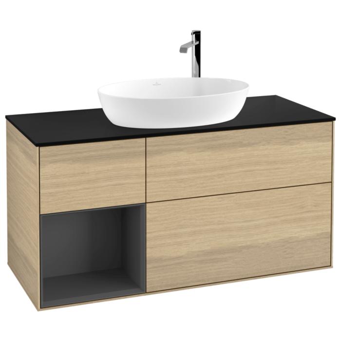 Villeroy Und Boch Finion Waschtischunterschrank F942GKPC 120Cm, Abdeckplatte Black Matt, Regale Anthracite Matt Lacquer, Oak Veneer