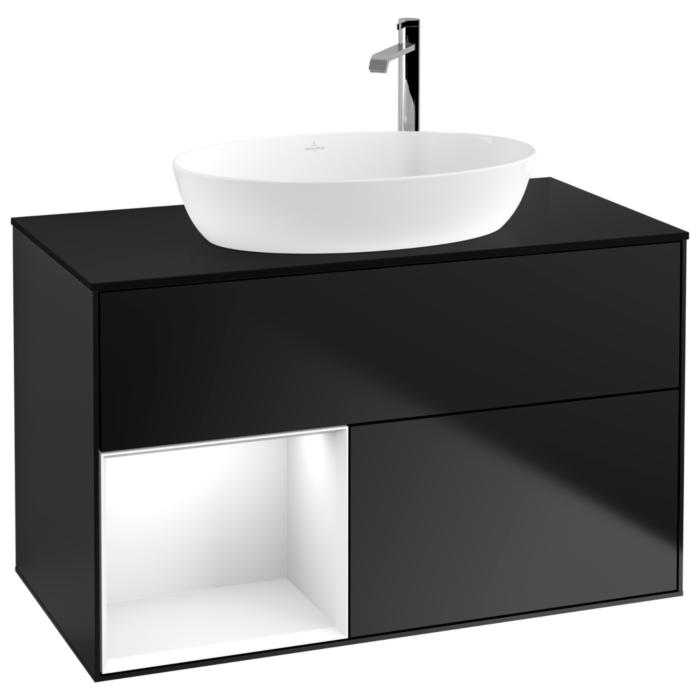Villeroy Und Boch Finion Waschtischunterschrank F892GFPD 100Cm, Abdeckplatte Black Matt, Regale Glossy White Lacquer, Black Matt Lacquer
