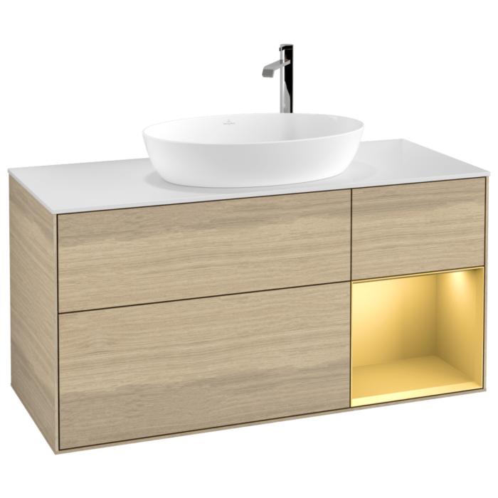 Villeroy Und Boch Finion Waschtischunterschrank G951HFPC 120Cm, Abdeckplatte White Matt, Emotion, Regale Gold Matt Lacquer, Oak Veneer