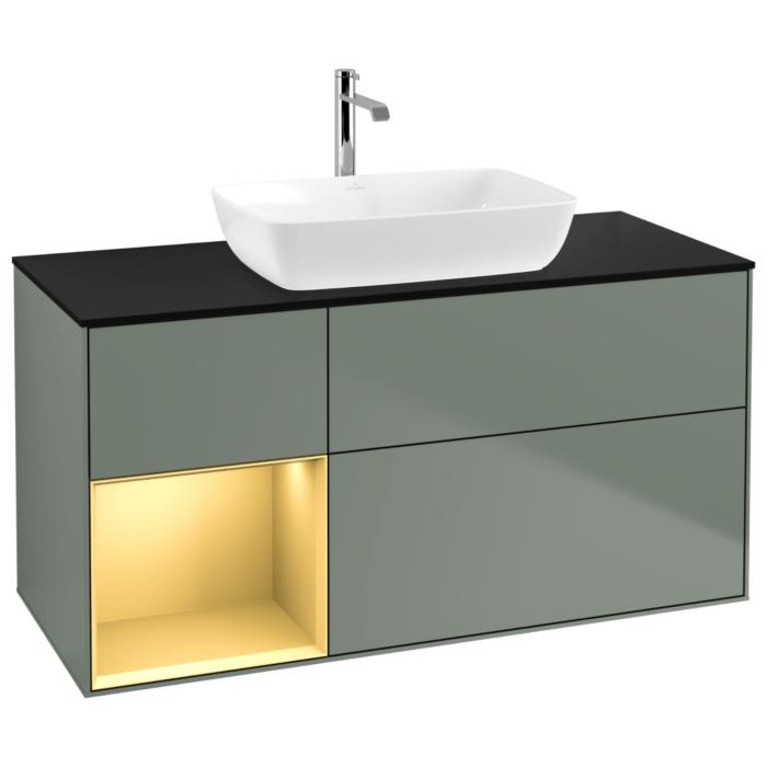 Villeroy Und Boch Finion Waschtischunterschrank G822HFGM 120Cm, Abdeckplatte Black Matt, Emotion, Regale Gold Matt Lacquer, Olive Matt Lacquer