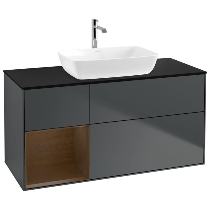 Villeroy Und Boch Finion Waschtischunterschrank G822GNHG 120Cm, Abdeckplatte Black Matt, Emotion, Regale Walnut Veneer, Midnight Blue Matt Lacquer