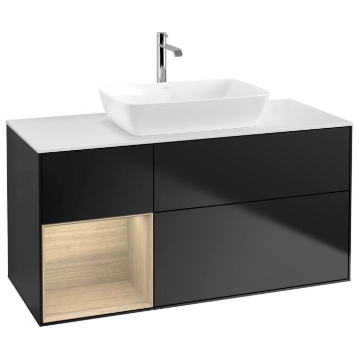Villeroy Und Boch Finion Waschtischunterschrank G821PCPD 120Cm, Abdeckplatte White Matt, Emotion, Regale Oak Veneer, Black Matt Lacquer