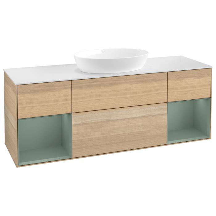 Villeroy Und Boch Finion Waschtischunterschrank FD01GMPC 120Cm, Abdeckplatte White Matt, Regale Olive Matt Lacquer, Oak Veneer