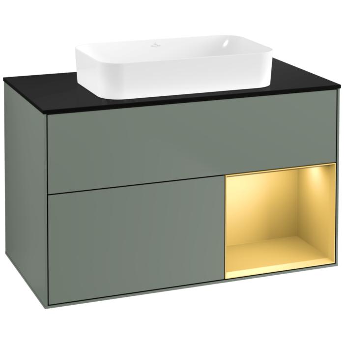 Villeroy Und Boch Finion Waschtischunterschrank G662HFGM 100X60,3X50,1Cm, Regal Rechts Gold Matt, Olive Matt Lacquer