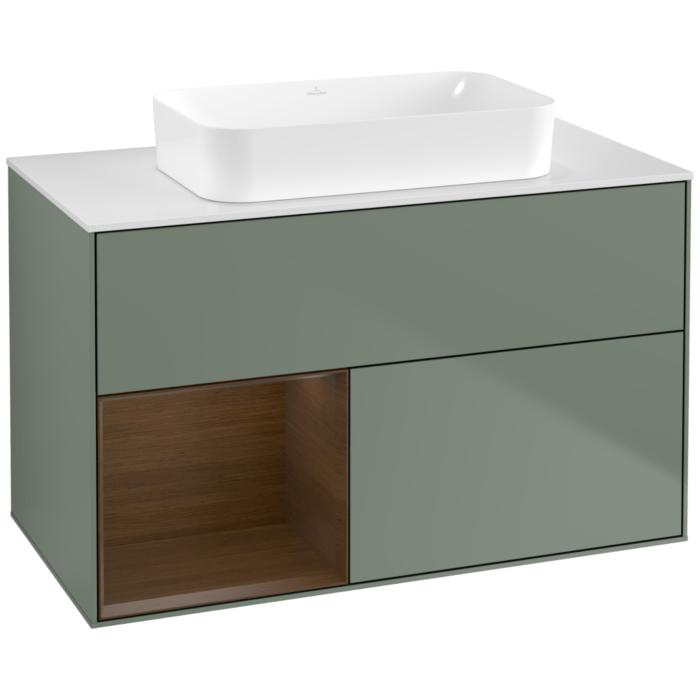 Villeroy Und Boch Finion Waschtischunterschrank G651GNGM 100X60,3X50,1Cm, Regal Links Walnut Veneer, Olive Matt Lacquer