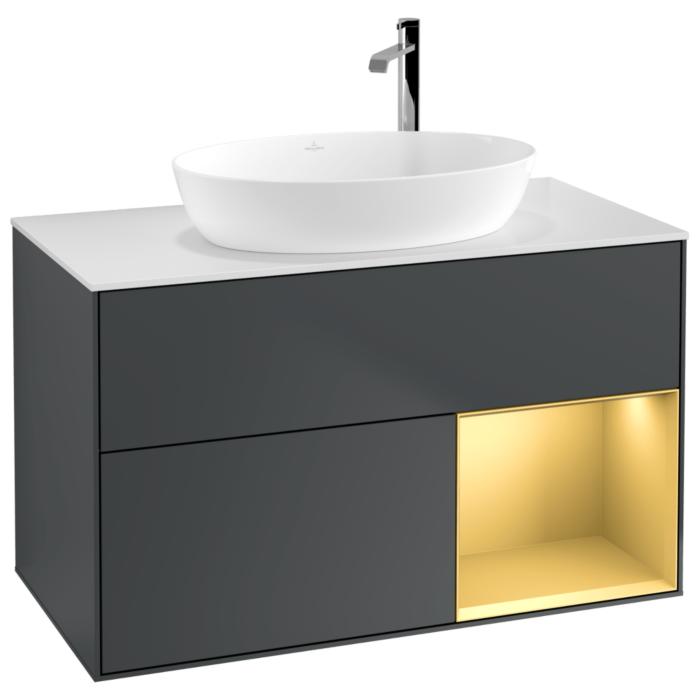 Villeroy Und Boch Finion Waschtischunterschrank G901HFHG 100Cm, Abdeckplatte White Matt, Emotion, Regale Gold Matt Lacquer, Midnight Blue Matt Lacquer