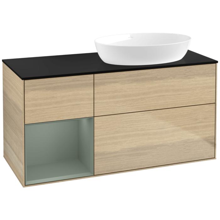 Villeroy Und Boch Finion Waschtischunterschrank FA42GMPC 120Cm, Abdeckplatte Black Matt, Regale Olive Matt Lacquer, Oak Veneer