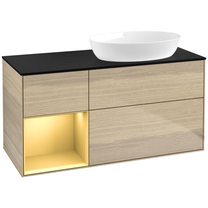 Villeroy Und Boch Finion Waschtischunterschrank FA42HFPC 120Cm, Abdeckplatte Black Matt, Regale Gold Matt Lacquer, Oak Veneer