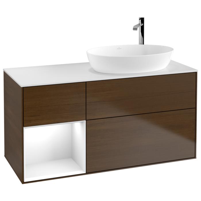 Villeroy Und Boch Finion Waschtischunterschrank G921GFGN 120Cm, Abdeckplatte White Matt, Emotion, Regale Glossy White Lacquer, Walnut Veneer