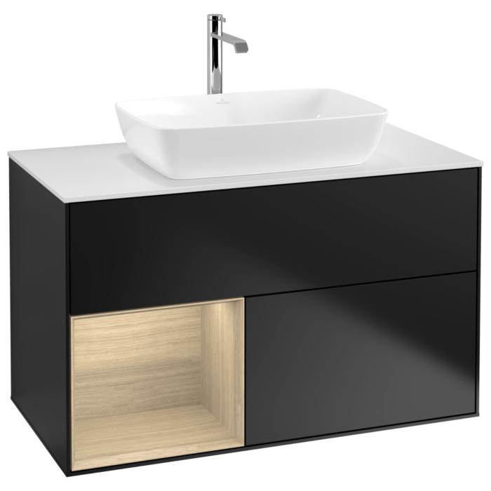 Villeroy Und Boch Finion Waschtischunterschrank G771PCPD 100Cm, Abdeckplatte White Matt, Emotion, Regale Oak Veneer, Black Matt Lacquer
