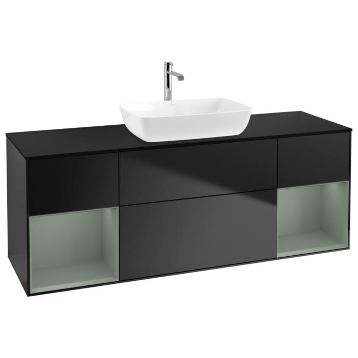 Villeroy Und Boch Finion Waschtischunterschrank G862GMPD 160Cm, Abdeckplatte Black Matt, Emotion, Regale Olive Matt Lacquer, Black Matt Lacquer