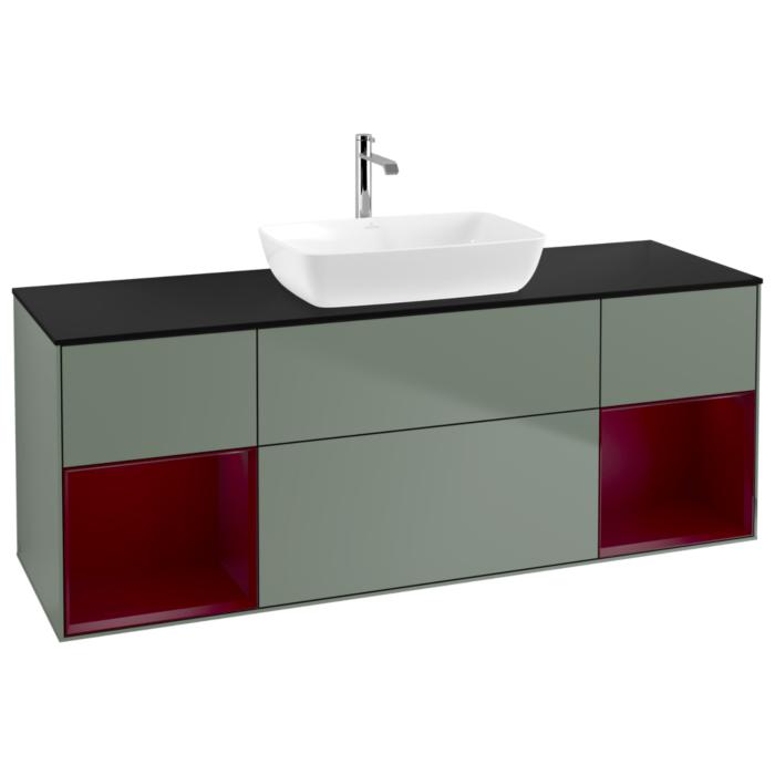 Villeroy Und Boch Finion Waschtischunterschrank G862HBGM 160Cm, Abdeckplatte Black Matt, Emotion, Regale Peony Matt Lacquer, Olive Matt Lacquer