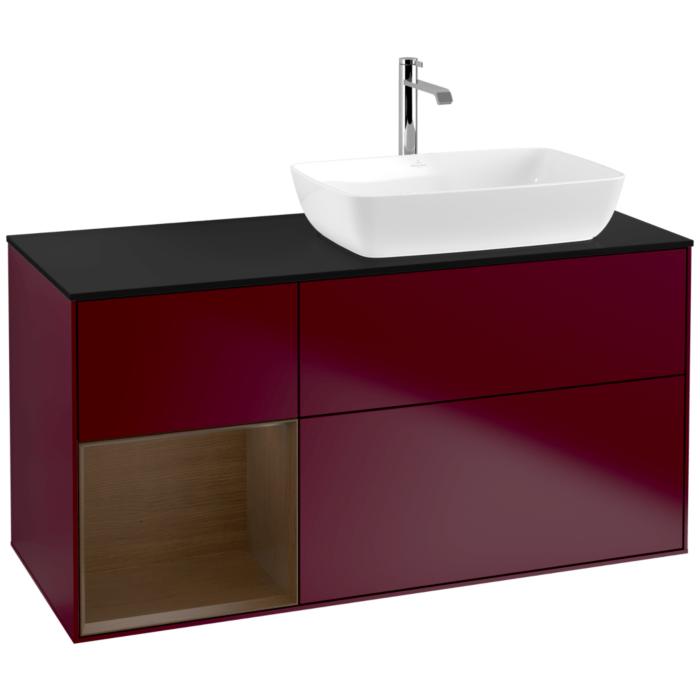 Villeroy Und Boch Finion Waschtischunterschrank F802GNHB 120Cm, Abdeckplatte Black Matt, Regale Walnut Veneer, Peony Matt