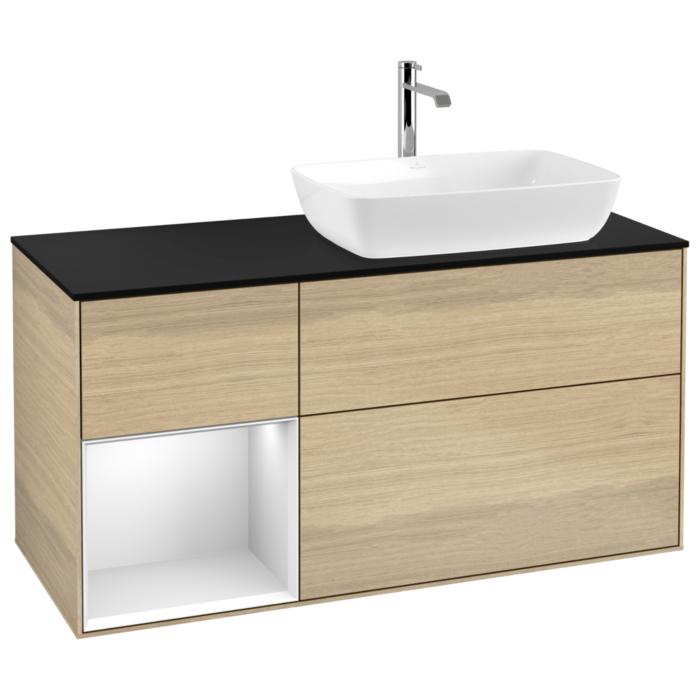 Villeroy Und Boch Finion Waschtischunterschrank G802MTPC 120Cm, Abdeckplatte Black Matt, Emotion, Regale White Matt Lacquer, Oak Veneer