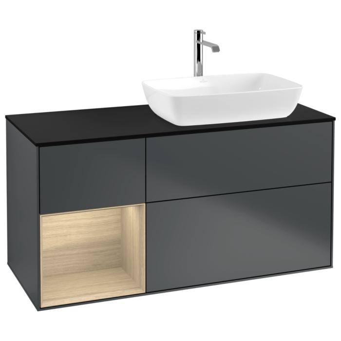 Villeroy Und Boch Finion Waschtischunterschrank G802PCHG 120Cm, Abdeckplatte Black Matt, Emotion, Regale Oak Veneer, Midnight Blue Matt Lacquer