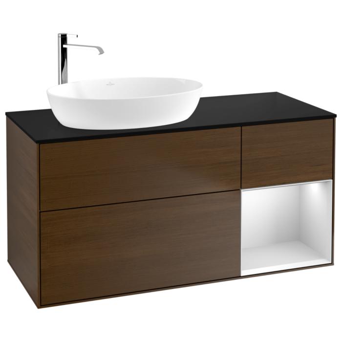 Villeroy Und Boch Finion Waschtischunterschrank F932MTGN 120Cm, Abdeckplatte Black Matt, Regale White Matt Lacquer, Walnut Veneer