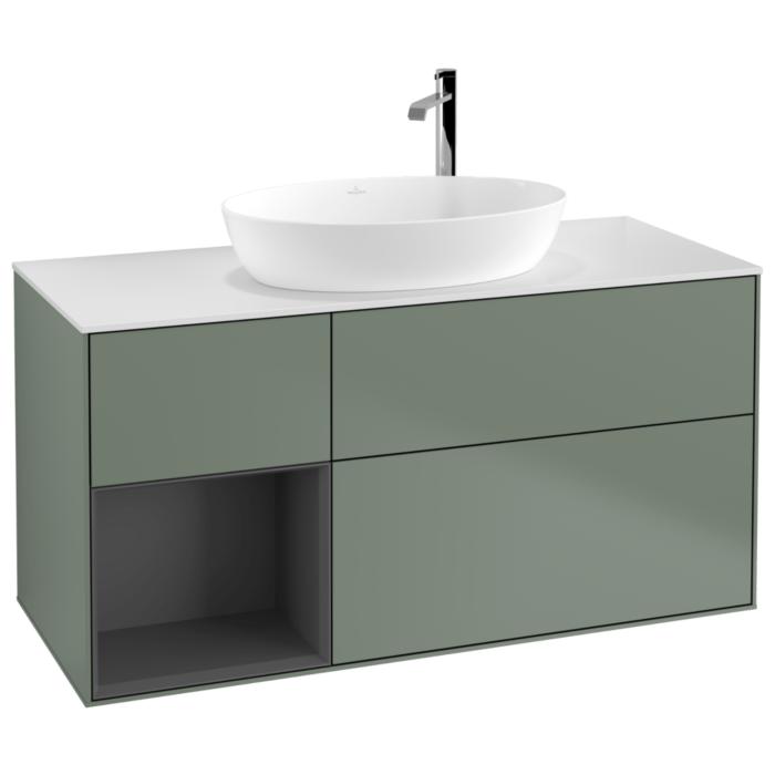 Villeroy Und Boch Finion Waschtischunterschrank F941GKGM 120Cm, Abdeckplatte White Matt, Regale Anthracite Matt Lacquer, Olive Matt Lacquer