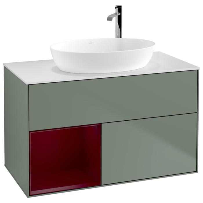 Villeroy Und Boch Finion Waschtischunterschrank G891HBGM 100Cm, Abdeckplatte White Matt, Emotion, Regale Peony Matt Lacquer, Olive Matt Lacquer