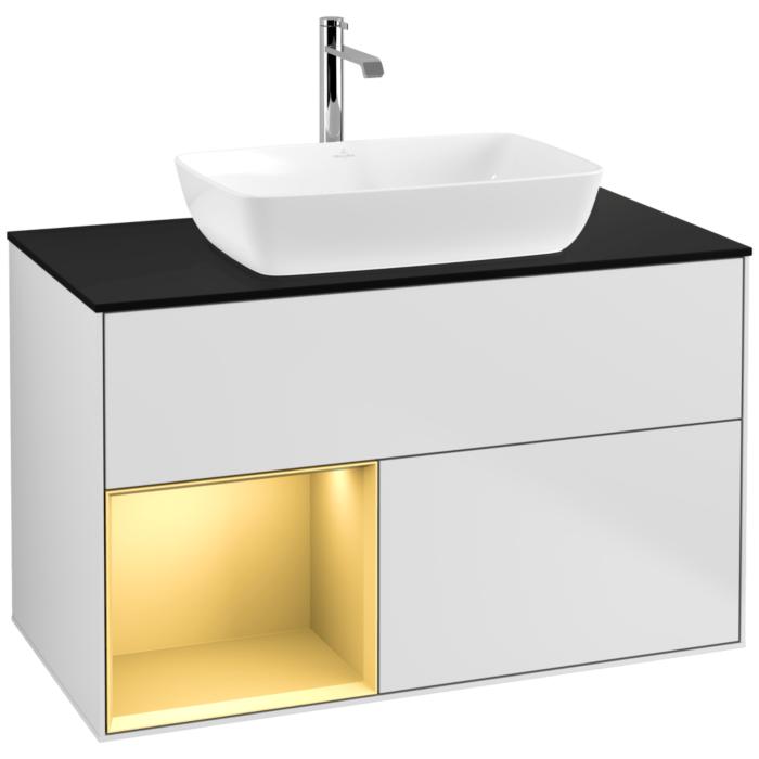 Villeroy Und Boch Finion Waschtischunterschrank F772HFMT 100Cm, Abdeckplatte Black Matt, Regale Gold Matt Lacquer, White Matt Lacquer