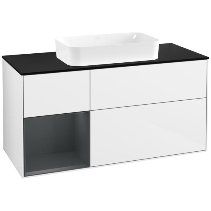 Villeroy Und Boch Finion Waschtischunterschrank F702HGGF 120X60,3X50,1Cm, Regal Links Midnight Blue Matt Lacquer, Glossy White Lacquer