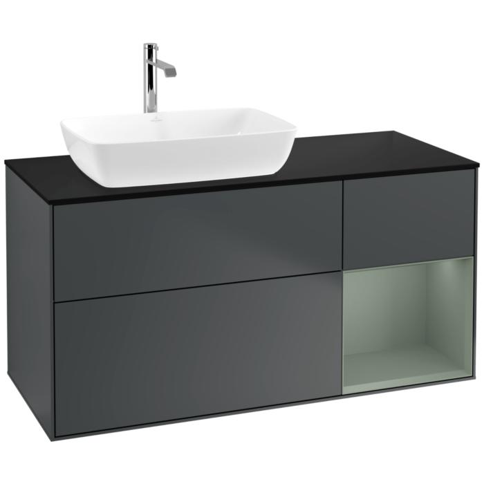 Villeroy Und Boch Finion Waschtischunterschrank F812GMHG 120Cm, Abdeckplatte Black Matt, Regale Olive Matt Lacquer, Midnight Blue Matt Lacquer