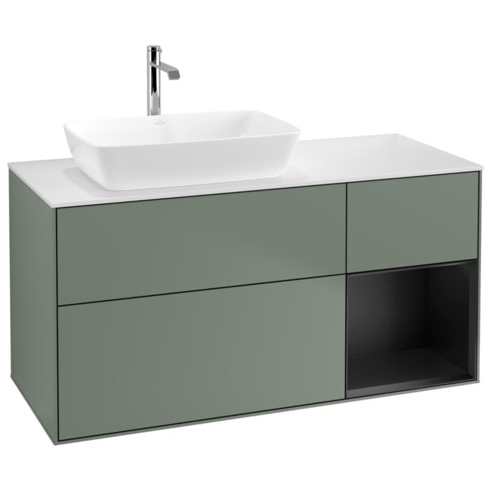 Villeroy Und Boch Finion Waschtischunterschrank G811PDGM 120Cm, Abdeckplatte White Matt, Emotion, Regale Black Matt Lacquer, Olive Matt Lacquer