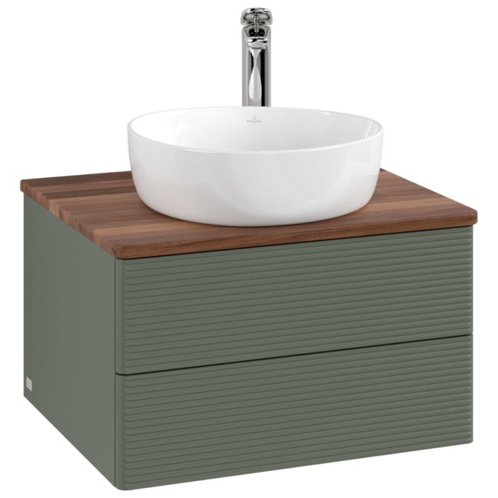 Villeroy Und Boch Antao Waschtisch-Unterschrank K18152HL 60X36X50Cm, Hahnloch, Waschbeckenplattenfarbe Warm Walnut, Leaf Green Matt Lacquer