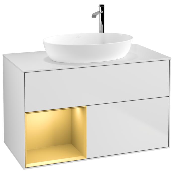 Villeroy Und Boch Finion Waschtischunterschrank F891HFMT 100Cm, Abdeckplatte White Matt, Regale Gold Matt Lacquer, White Matt Lacquer