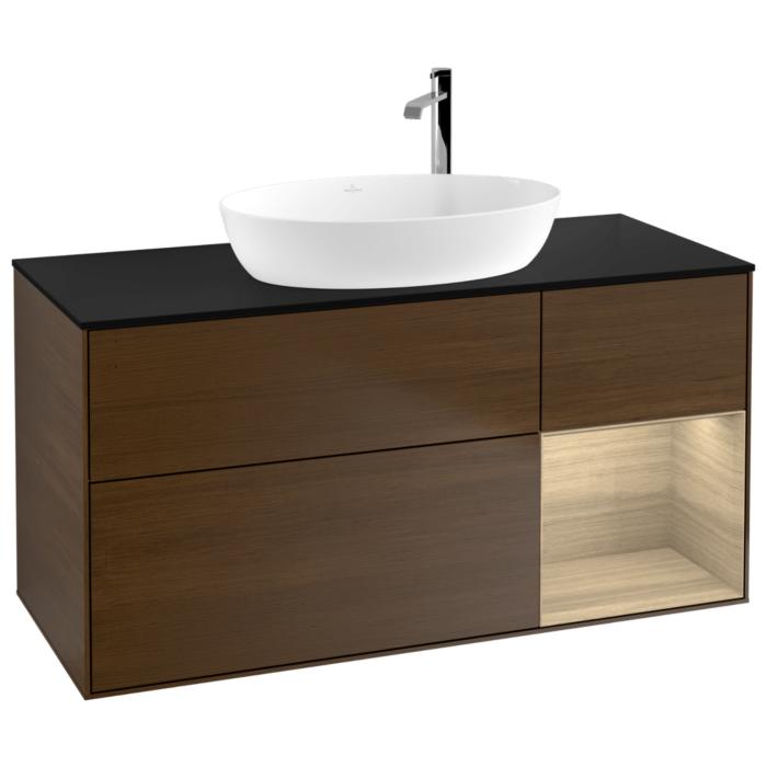 Villeroy Und Boch Finion Waschtischunterschrank G952PCGN 120Cm, Abdeckplatte Black Matt, Emotion, Regale Oak Veneer, Walnut Veneer