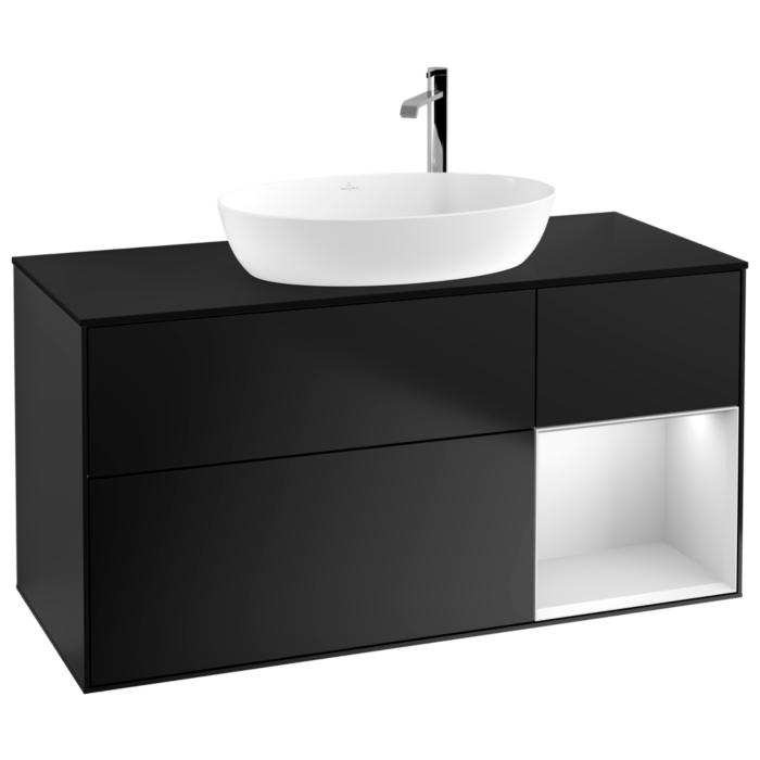 Villeroy Und Boch Finion Waschtischunterschrank F952MTPD 120Cm, Abdeckplatte Black Matt, Regale White Matt Lacquer, Black Matt Lacquer