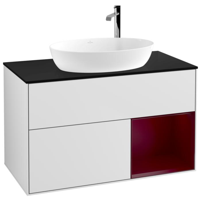 Villeroy Und Boch Finion Waschtischunterschrank F902HBMT 100Cm, Abdeckplatte Black Matt, Regale Peony Matt Lacquer, White Matt Lacquer