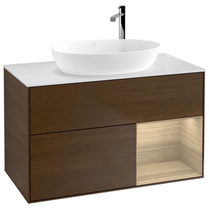 Villeroy Und Boch Finion Waschtischunterschrank F901PCGN 100Cm, Abdeckplatte White Matt, Regale Oak Veneer, Walnut Veneer