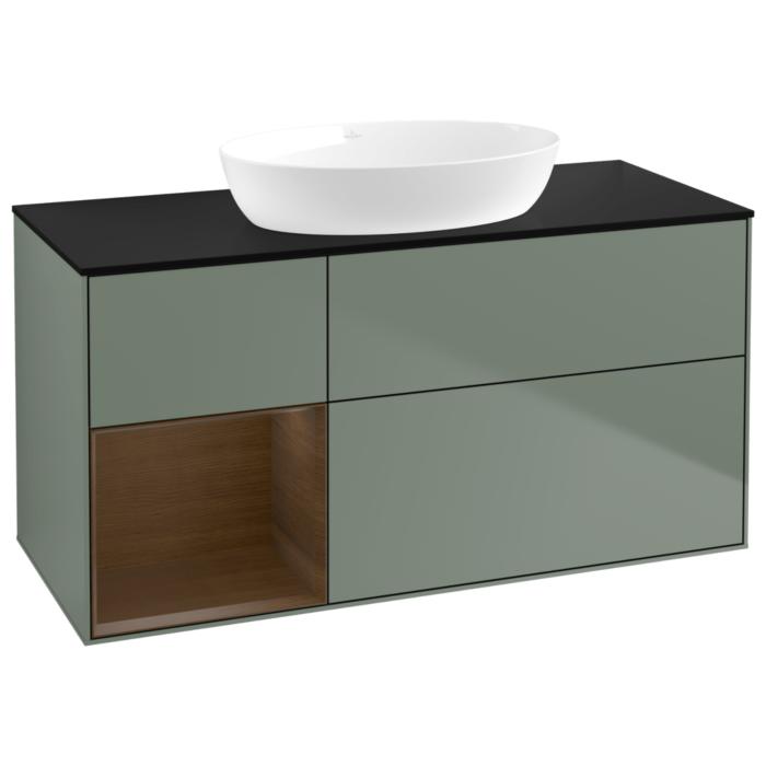 Villeroy Und Boch Finion Waschtischunterschrank GA62GNGM 120Cm, Abdeckplatte Black Matt, Emotion, Regale Walnut Veneer, Olive Matt Lacquer