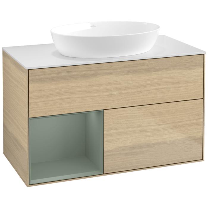 Villeroy Und Boch Finion Waschtischunterschrank FA11GMPC 100Cm, Abdeckplatte White Matt, Regale Olive Matt Lacquer, Oak Veneer