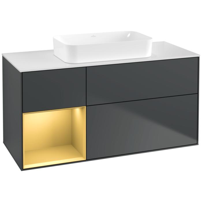 Villeroy Und Boch Finion Waschtischunterschrank F701HFHG 120X60,3X50,1Cm, Regal Links Gold Matt, Midnight Blue Matt Lacquer