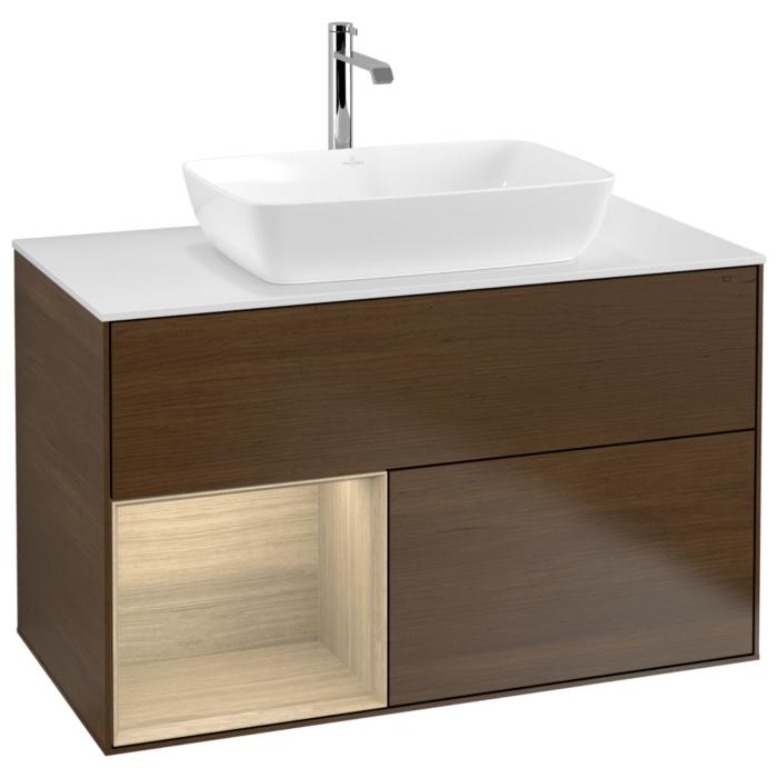 Villeroy Und Boch Finion Waschtischunterschrank G771PCGN 100Cm, Abdeckplatte White Matt, Emotion, Regale Oak Veneer, Walnut Veneer