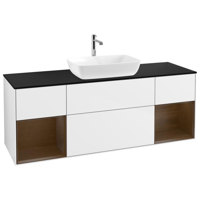 Villeroy Und Boch Finion Waschtischunterschrank G862GNGF 160Cm, Abdeckplatte Black Matt, Emotion, Regale Walnut Veneer, Glossy White Lacquer
