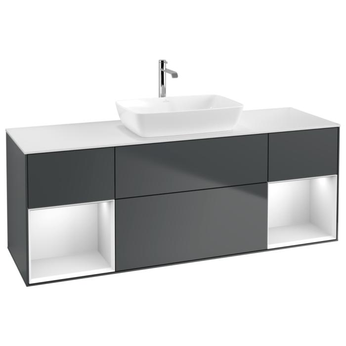 Villeroy Und Boch Finion Waschtischunterschrank G861MTHG 160Cm, Abdeckplatte White Matt, Emotion, Regale White Matt Lacquer, Midnight Blue Matt Lacquer