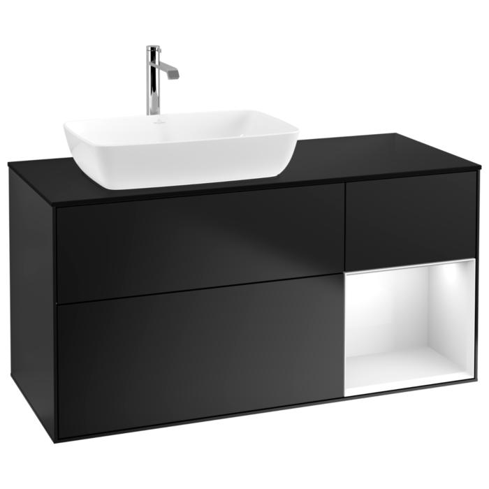 Villeroy Und Boch Finion Waschtischunterschrank G812GFPD 120Cm, Abdeckplatte Black Matt, Emotion, Regale Glossy White Lacquer, Black Matt Lacquer