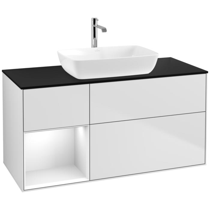 Villeroy und Boch Finion Waschtischunterschrank F822GFMT 120cm, Abdeckplatte black matt, Regale Glossy white lacquer, White matt lacquer