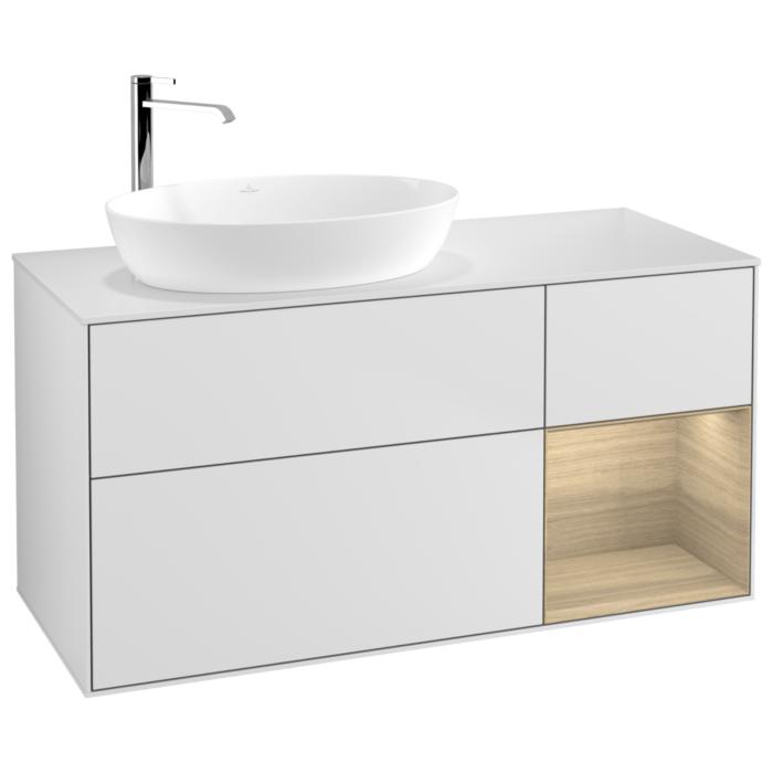 Villeroy Und Boch Finion Waschtischunterschrank F931PCMT 120Cm, Abdeckplatte White Matt, Regale Oak Veneer, White Matt Lacquer