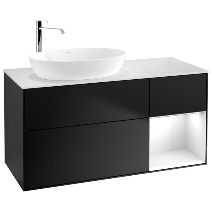 Villeroy Und Boch Finion Waschtischunterschrank F931GFPD 120Cm, Abdeckplatte White Matt, Regale Glossy White Lacquer, Black Matt Lacquer