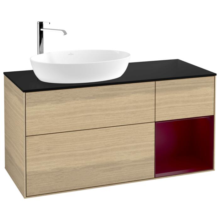 Villeroy Und Boch Finion Waschtischunterschrank F932HBPC 120Cm, Abdeckplatte Black Matt, Regale Peony Matt Lacquer, Oak Veneer