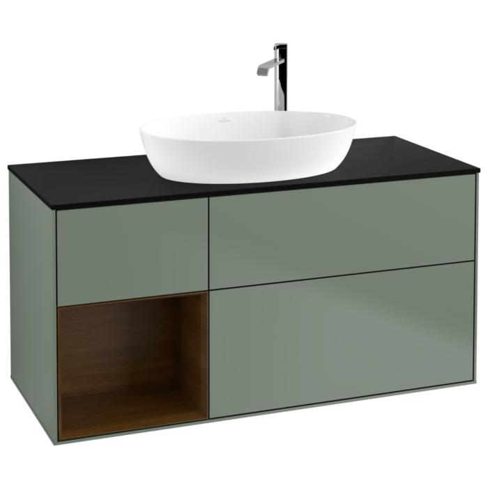 Villeroy Und Boch Finion Waschtischunterschrank G942GNGM 120Cm, Abdeckplatte Black Matt, Emotion, Regale Walnut Veneer, Olive Matt Lacquer