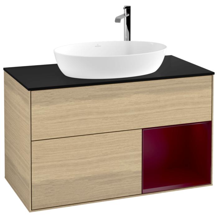 Villeroy Und Boch Finion Waschtischunterschrank G902HBPC 100Cm, Abdeckplatte Black Matt, Emotion, Regale Peony Matt Lacquer, Oak Veneer